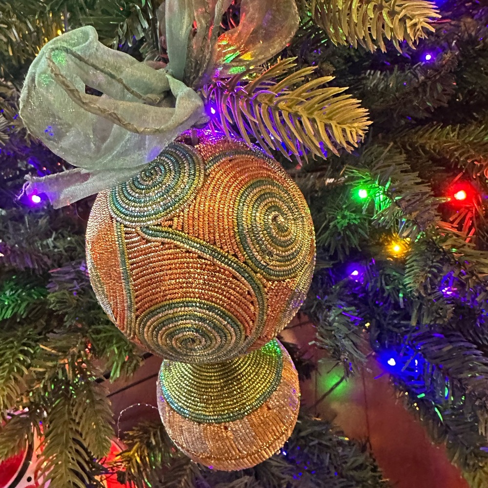 Mackenzie Childs Festive Spiral Beaded Ornament - orange and Blue 8"